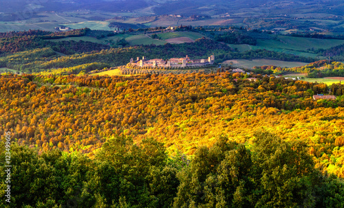 Fototapeta Naklejka Na Ścianę i Meble -  Monteriggioni ancient castle. Aerial view. Italy, Tuscany.