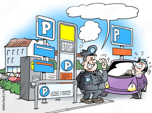 Obraz na plátně Cartoon illustration of a parking warden standing in front of a lot of P signs w