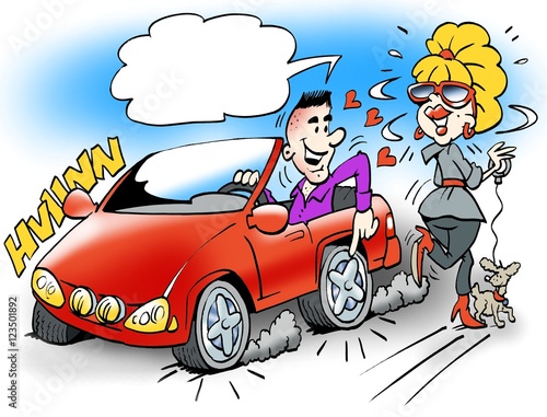 Cartoon illustration of a smart guy in his sports car showing the young lady the brand new wheels on the car
