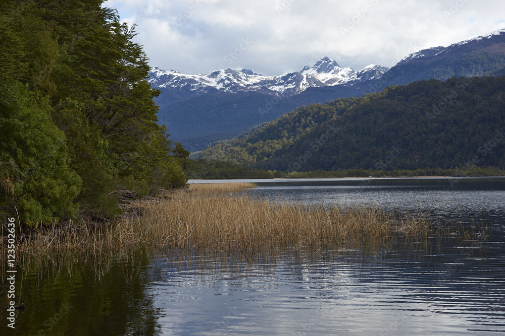Scenic lake (Laguna de las Torres) surrounded by snow capped mountains located along the Carretera Austral in the Aysen Region of southern Chile. 