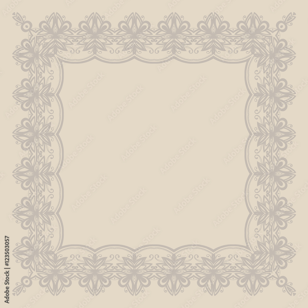 Frame in the English style with floral ornaments. Beige color. Template for your design. Card. Border.