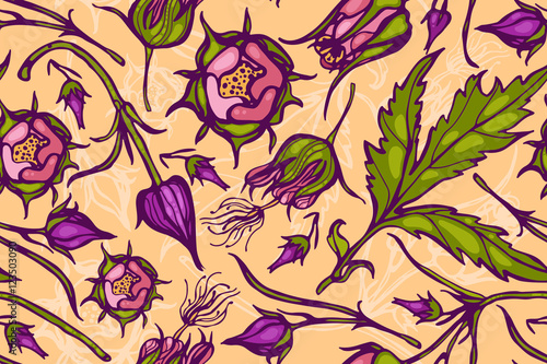 Seamless pattern with flowers. Geum Rivale. Rosaceae. Vector. Hand drawn.