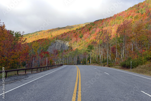 Photography Driving into the mountains with Autumn foliage with red, orange and yellow fall
