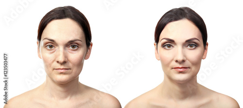 Portrait of woman before and after the makeup, isolated on white