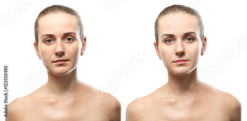 Portrait of young woman before and after the makeup, isolated on white