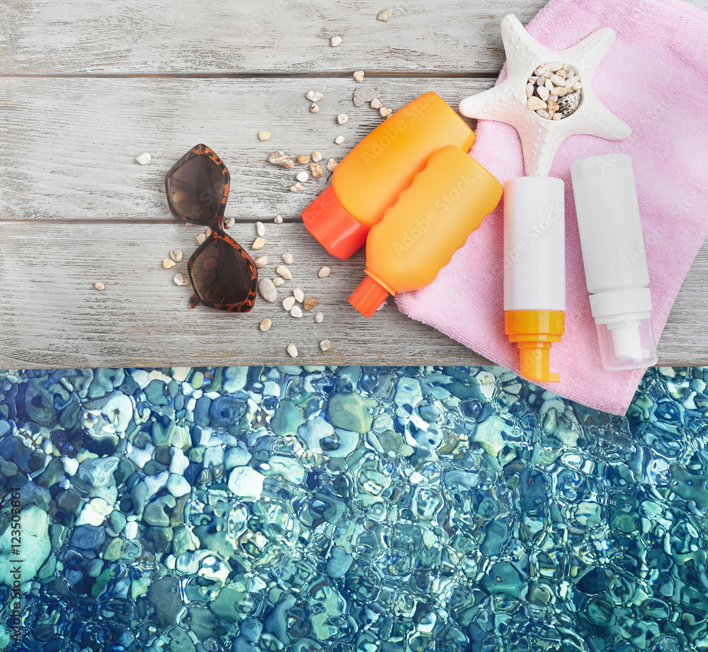Fototapeta premium Summer beach set on swimming pool water background