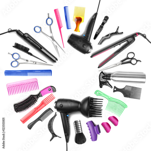 Different professional hairdresser equipment with space for text on white background