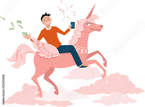 Young businessman with a smart-phone riding a unicorn and throwing money as a metaphor for a unicorn start-up, EPS 8 vector illustration 