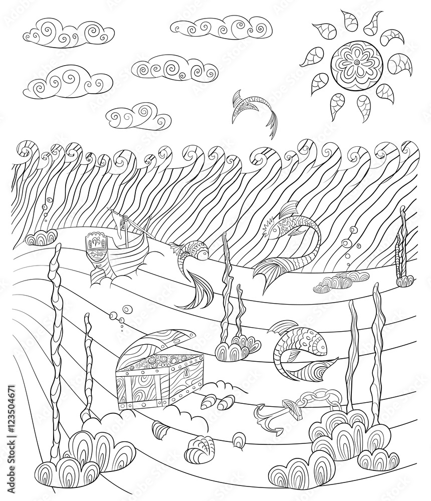 Hand drawn vector stock illustration of sea in doodle style for anti stress adult coloring book. Hand drawn vector stock illustration of sea in doodle style for anti stress adult coloring book.