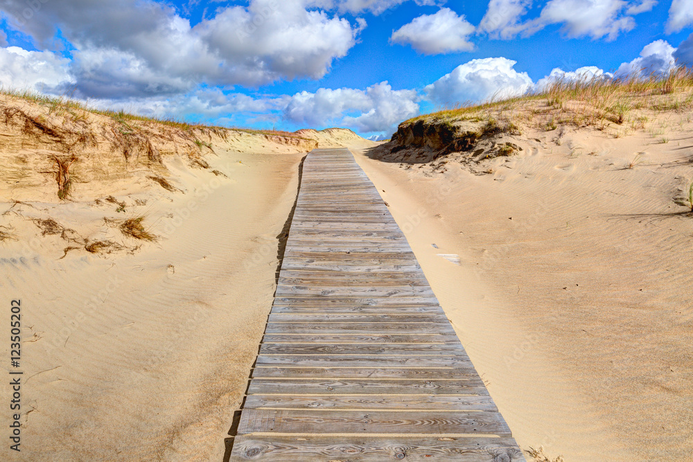 Wooden path into the Grey Dunes. Curonian Spit, Lithuania.