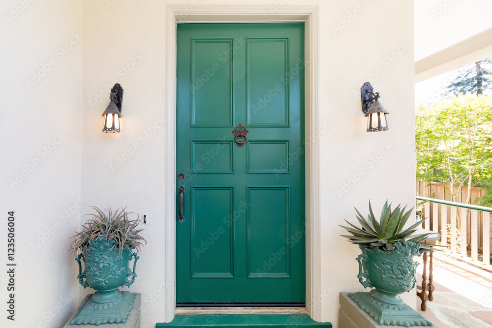 Fototapeta premium Green entry door with door knock.