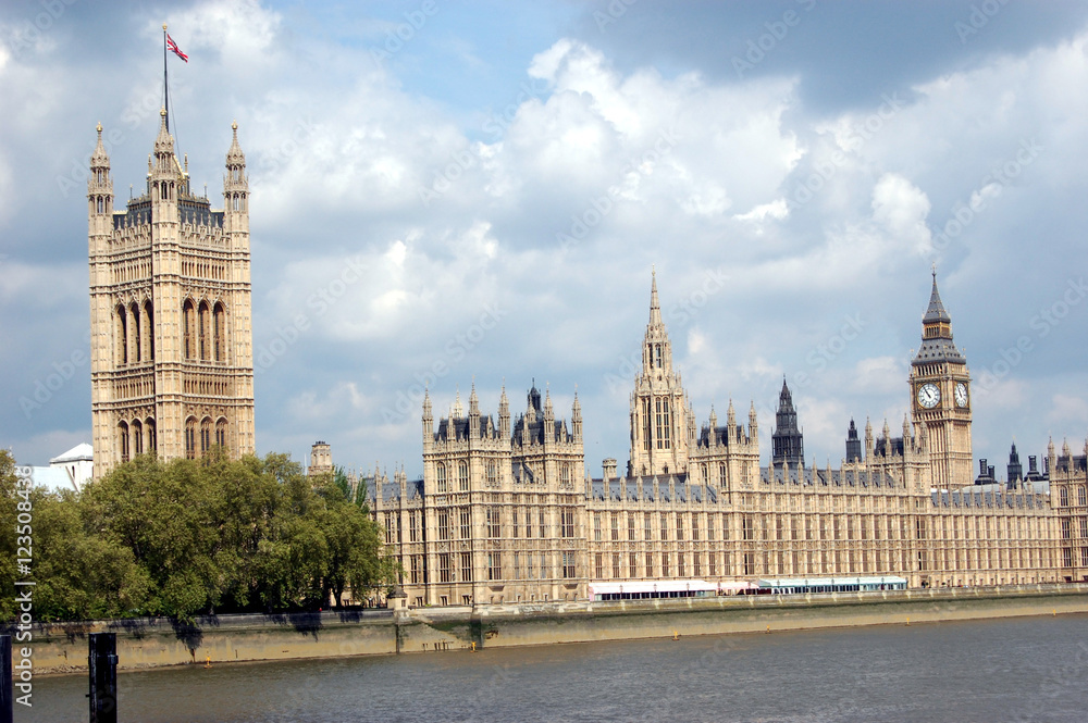 The Palace of Westminster, known also as the Houses of Parliament, located on the Thames River in London