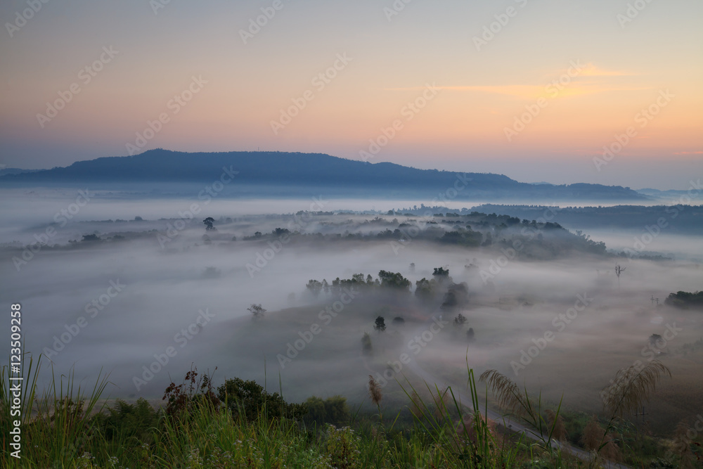 Misty morning sunrise and house in Khao Takhian Ngo View Point a