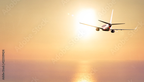 Airplane fly into the sunset island (with overlay)