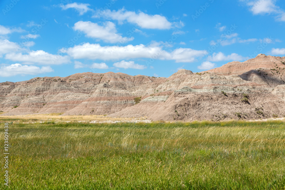 The Badlands of South Dakota on a summer day. 