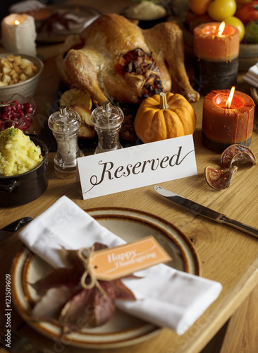 Reserved Sign Roasted Tuekey Thanksgiving Table Setting Concept