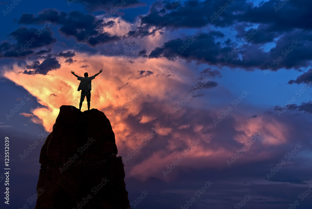 Man with arms raised in the sky winner success concept - obrazy, fototapety, plakaty 
