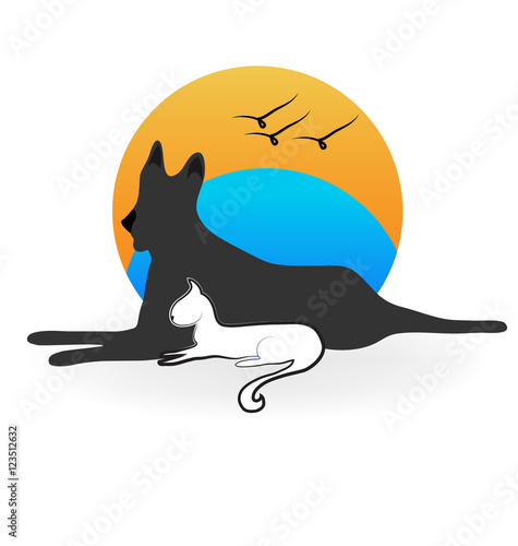 Logo dog cat birds on the beach 