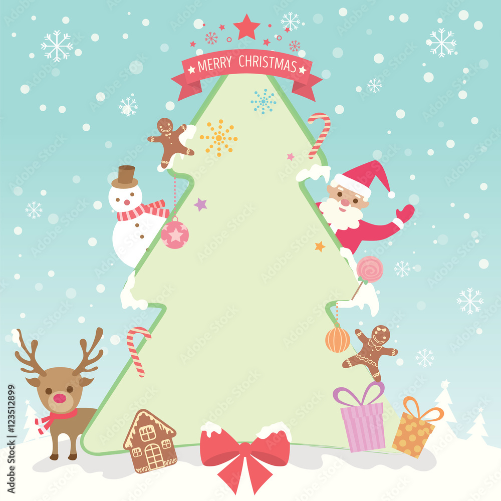 Merry christmas and happy new year background with christmas tree, santa claus, snowman, reindeer and ornament for party on pastel colors.Illustration vector blank for text. Merry christmas and happy new year background with christmas tree, santa claus, snowman, reindeer and ornament for party on pastel colors.Illustration vector blank for text.