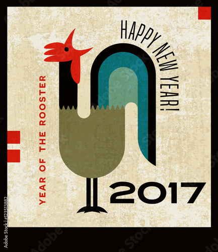 Happy new year greeting card with stylized crowing rooster. Chinese new year 2017