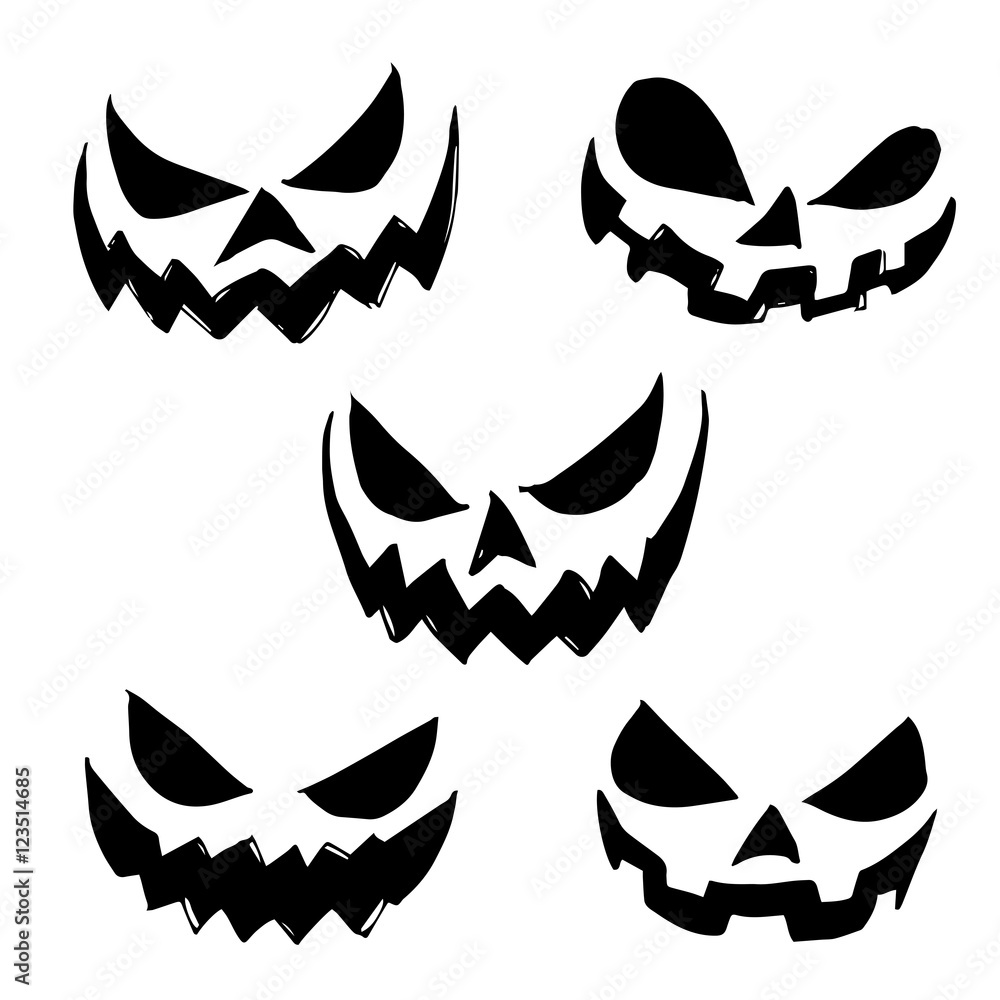 Vector illustration of scary Halloween pumpkin faces icons on wh Vector illustration of scary Halloween pumpkin faces icons on wh