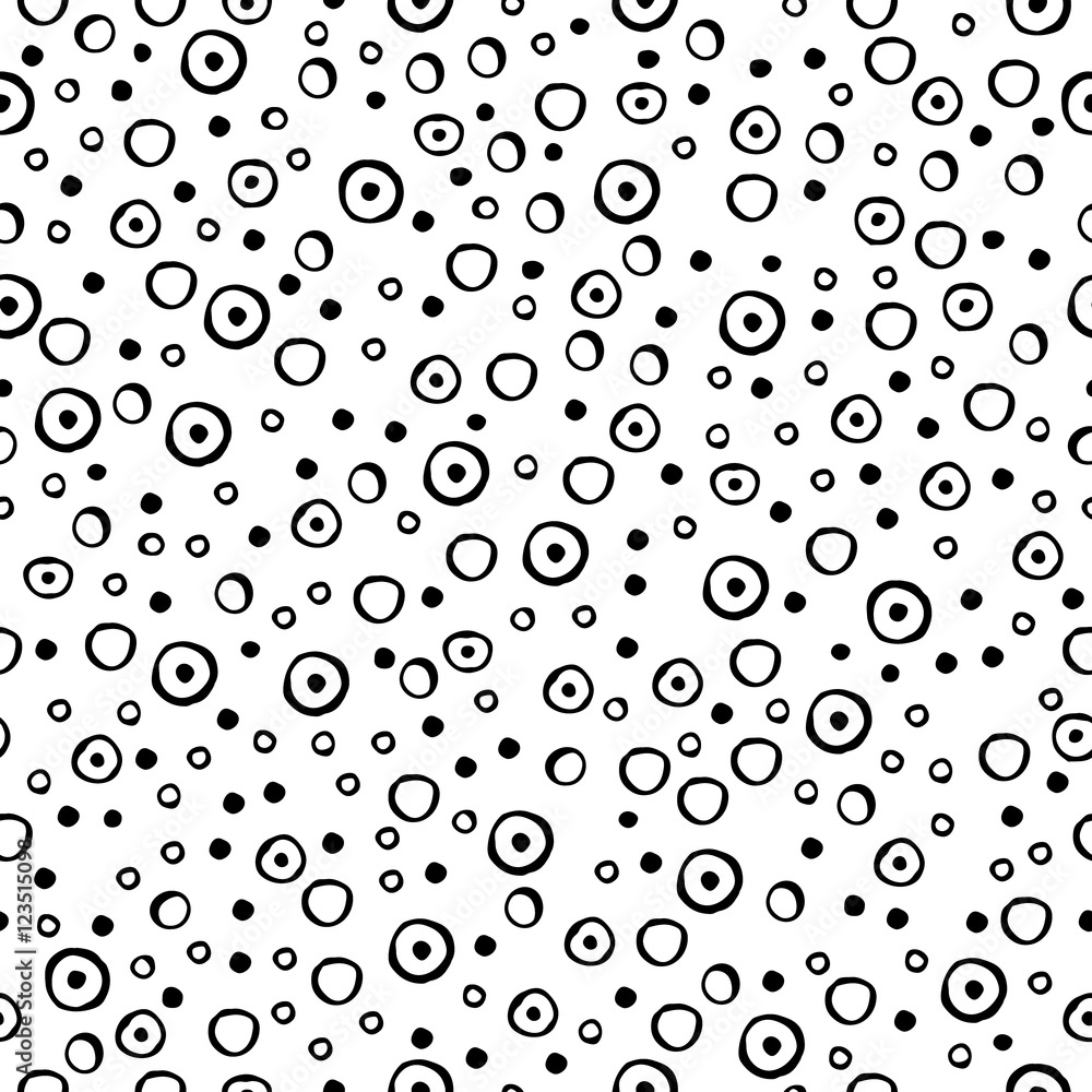 Seamless vector pattern with dots. Black and white background with hand drawn decorative elements. Decorative repeating ornament. Graphic vector illustration.
