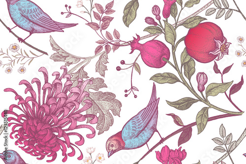 Seamless pattern with chrysantemums, pomegranates and birds.
