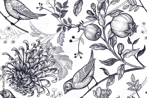 Seamless pattern with chrysantemums, pomegranates and birds.