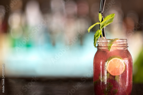 Fotografie Focused image of lemonade in mason jar.