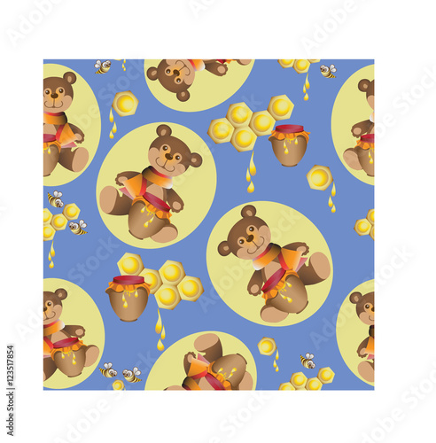 Misha, honey and bees.  Seamless pattern. Composition for children's goods, fabrics, tapestries, utensils