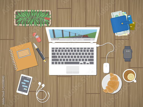 Desktop with laptop running the media player, personals, phone with messages, smart watch, headphones, notepad, tea, croissant. Relaxation, worktop, break, viewing film, play the game Top view Vector