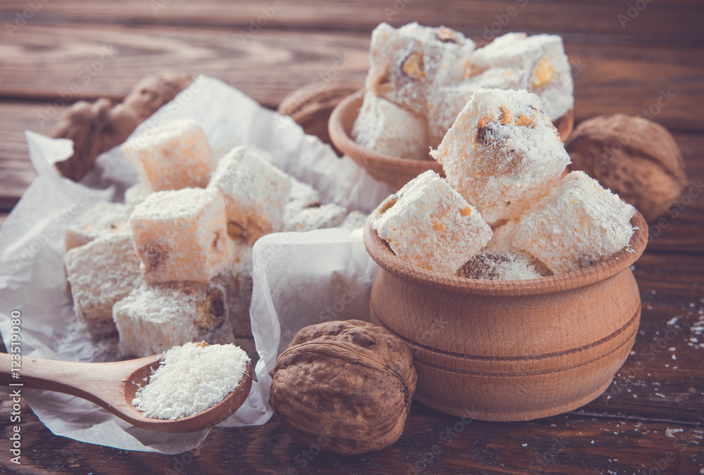 Fototapeta premium Turkish delight lokum powdered with coconut