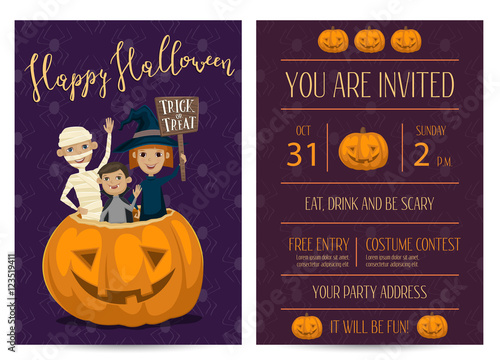 Halloween party invitation set with place for text. Funny kids in carnival costumes mummy, vampire and witch sitting in pumpkin with sign - Trick or Treat. Vector illustration on perpl background