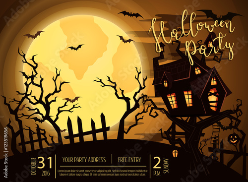 Halloween party banner with spooky castle on tree in mystic forest at night under full moon. Cartoon vector illustration. Halloween background, night scene with haunted house, pumpkin and flying bats