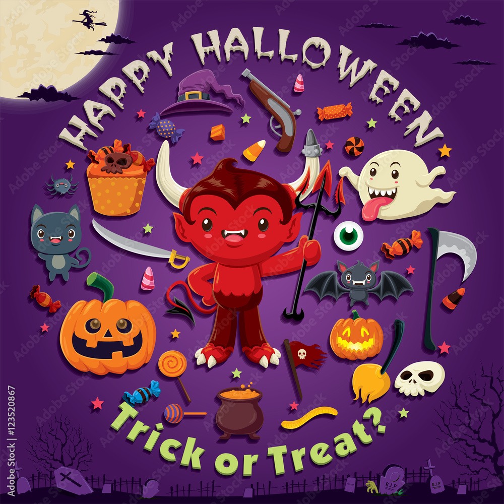 Vintage Halloween poster design with vector demon character.