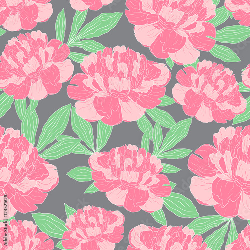 Seamless pattern with hand-drawn pink peonies