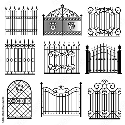 Decorative black silhouettes of fences with gates vector set