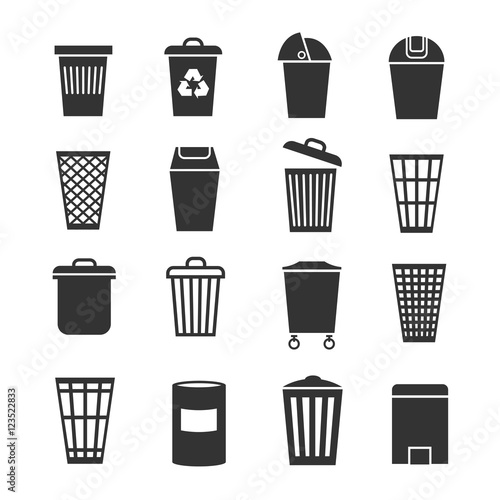 Trash can, waste basket and bin, garbage vector icons