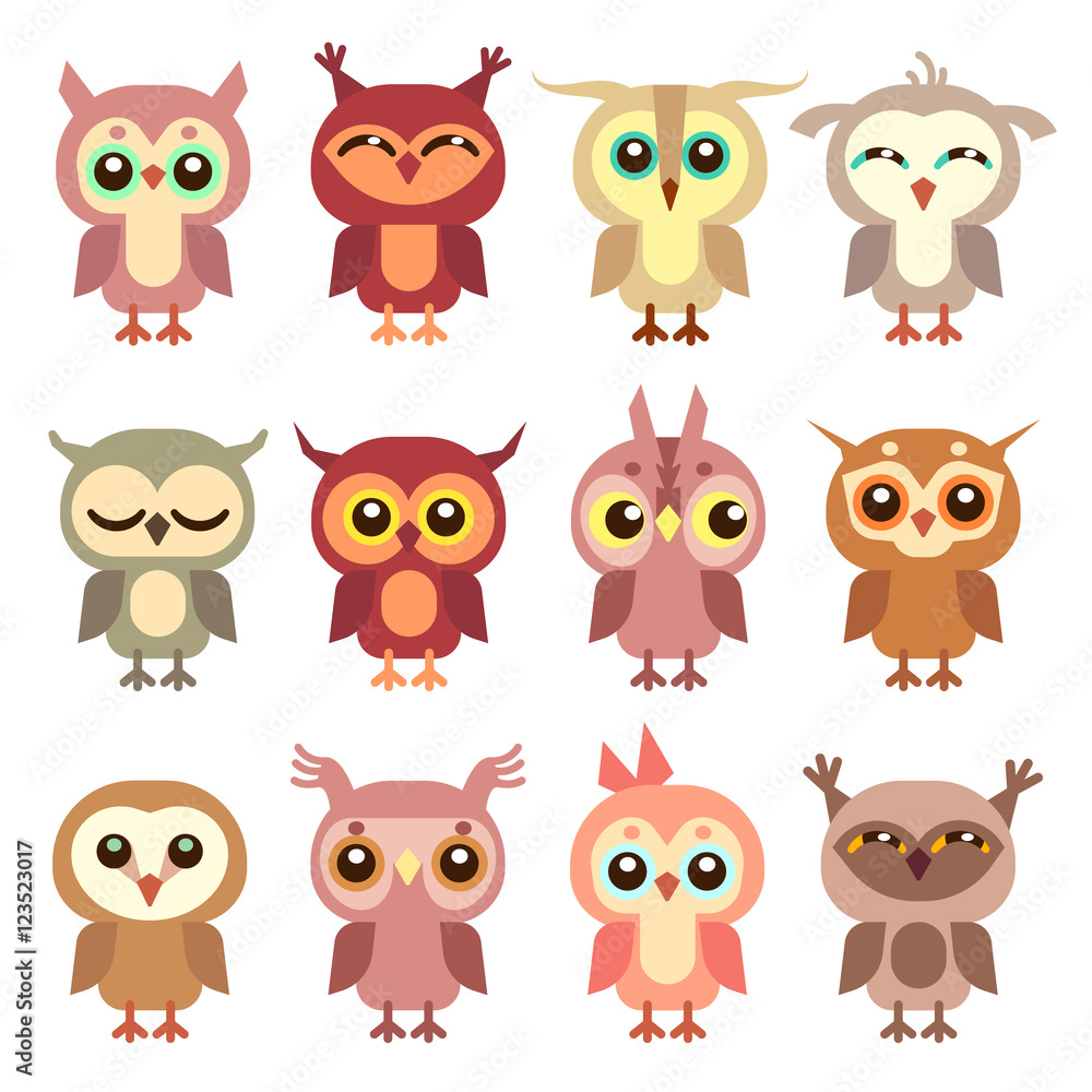 Fototapeta premium Cute owl vector flat characters set