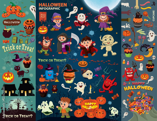 Vintage Halloween poster design set with vector vampire, witch, mummy, wolf man, ghost, reaper, character.