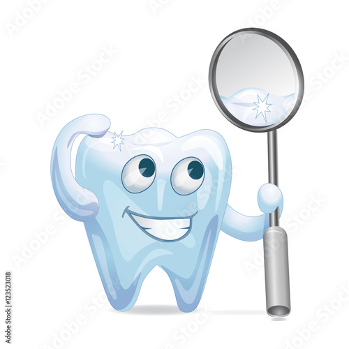 cartoon tooth is smiling and and looks at himself in the mirror