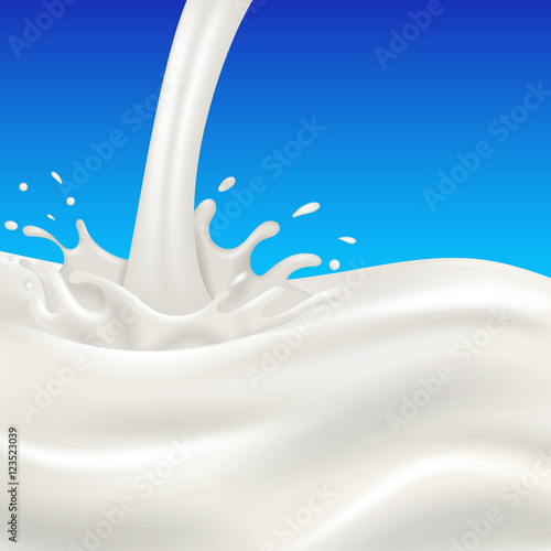 Milk flow and splash on blue background
