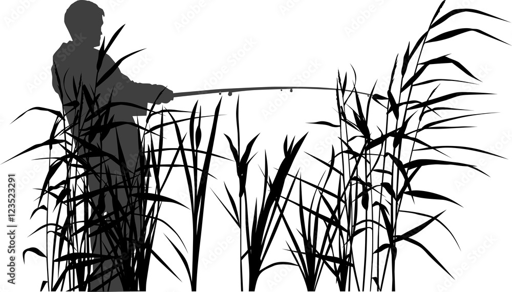 gray silhouette of fisherman in reed - obrazy, fototapety, plakaty 