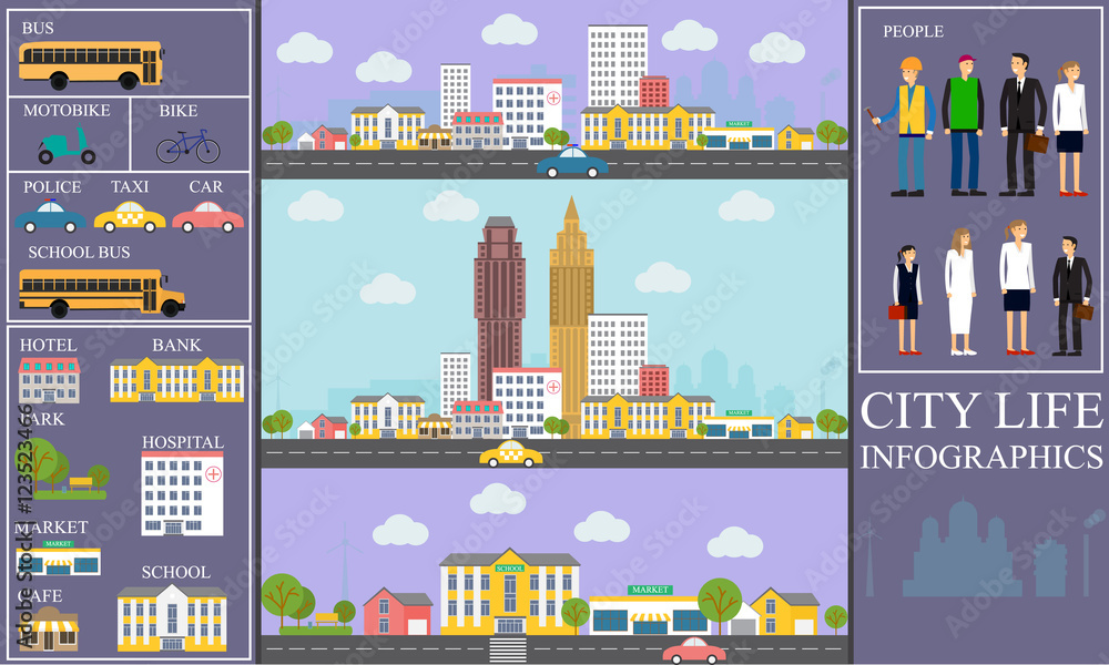 City life Infographic set with charts and other elements. Vector illustration.