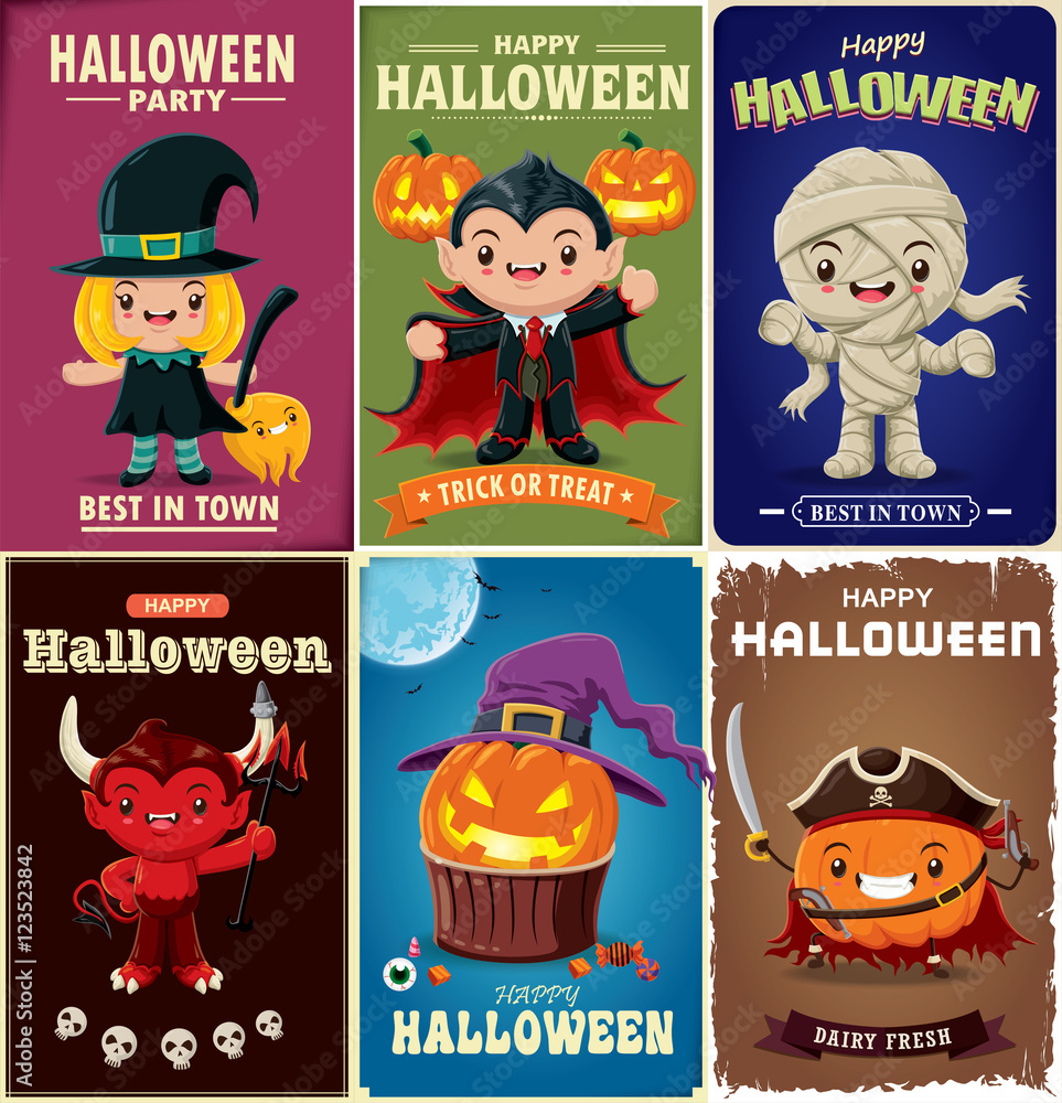 Fototapeta premium Vintage Halloween poster design set with vector vampire, witch, mummy, demon, pirate, ghost, pirate, jack o lantern character.