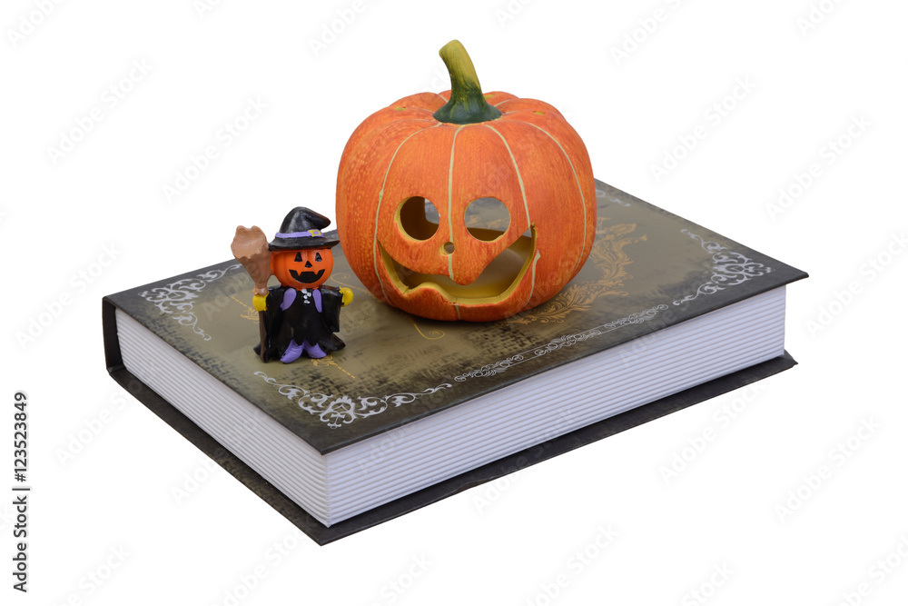 Fototapeta premium Halloween pumpkin and little witch doll on book.