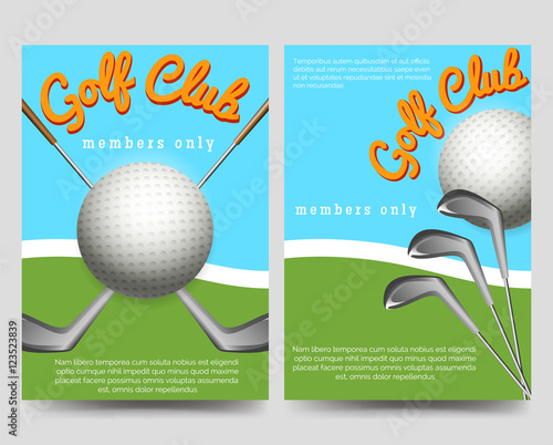 Golf club brochure flyers template vector illustration. Sport flyers with clubs and balls