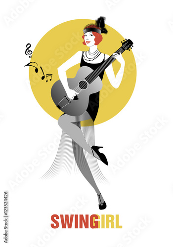 Flapper girl dressed in 1920s clothes, playing guitar
