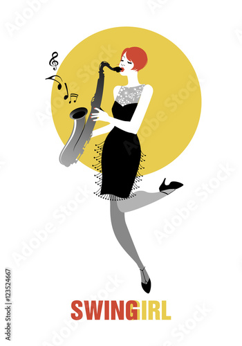 Flapper girl dressed in 1920s clothes, playing saxophone
