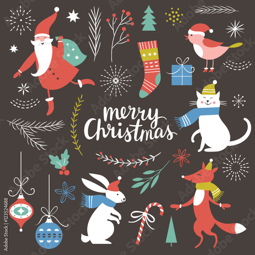 Big Set of Christmas graphic elements on a black background, collection design elements, vector images